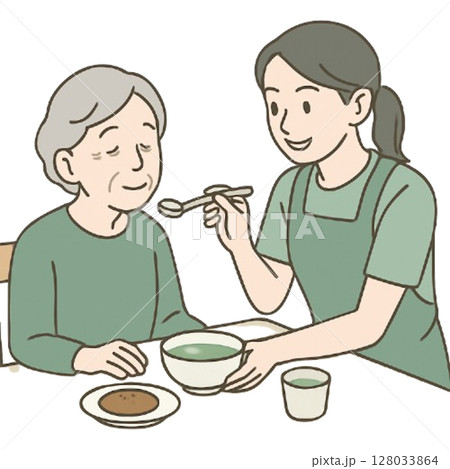 食事介助 ごはんを食べさせてもらう老人とヘルパー 介護福祉士 128033864