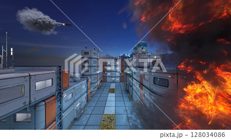 攻撃される未来都市の風景 128034086