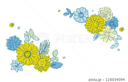 線画のヒマワリフレーム素材。夏のヒマワリ背景。ひまわりと植物の夏フレーム。 128034094