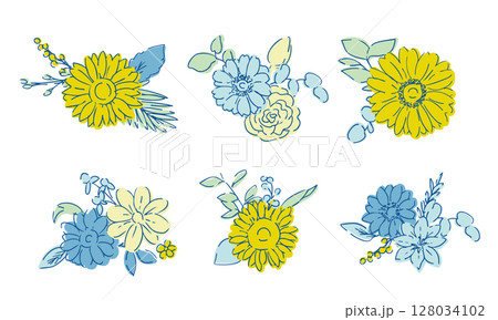 線画のヒマワリフレーム素材。夏のヒマワリ背景。ひまわりと植物の夏フレーム。 128034102