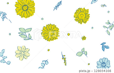 線画のヒマワリフレーム素材。夏のヒマワリ背景。ひまわりと植物の夏フレーム。 128034108