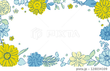 線画のヒマワリフレーム素材。夏のヒマワリ背景。ひまわりと植物の夏フレーム。 128034109