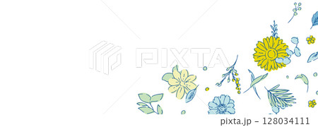 線画のヒマワリフレーム素材。夏のヒマワリ背景。ひまわりと植物の夏フレーム。 128034111