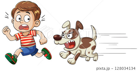 Boy Running from Angry Dog in Cartoon Style Boy Running from Angry Dog in Cartoon Style 128034134