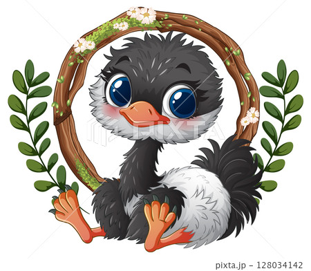 Cute Ostrich in Floral Wreath 128034142