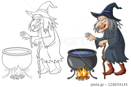 Witch Stirring Cauldron with Fiery Flames Witch Stirring Cauldron with Fiery Flames 128034145