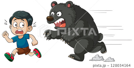 Cartoon Boy Running from Angry Bear 128034164
