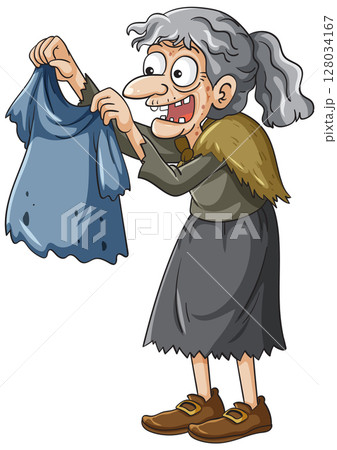 Elderly Woman Holding Tattered Blue Cloth 128034167