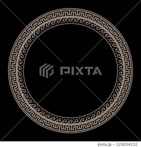 Gold classic Greek wave meander. Greek key meanders. Round greek frame. Circle european border. Patterns of Greece, ancient Rome. In the form of wave. Vitruvian wave. For textile, engraving, embroider Gold classic Greek wave meander. Greek key meanders. Round greek frame. Circle european border. Patterns of Greece, ancient Rome. In the form of wave. Vitruvian wave. For textile, engraving, embroider 128034232