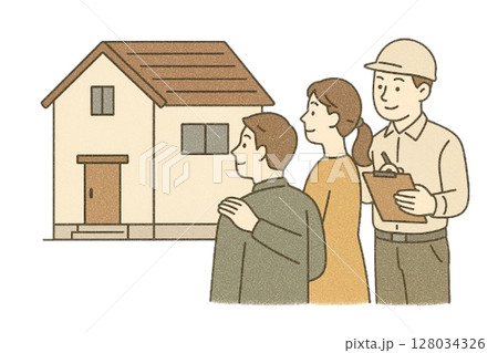 家の打ち合わせで現地調査をしている夫婦と建築士 家の打ち合わせで現地調査をしている夫婦と建築士 128034326