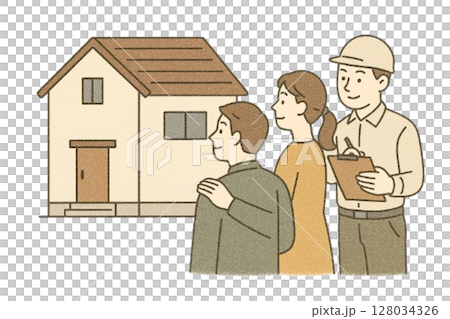 家の打ち合わせで現地調査をしている夫婦と建築士 家の打ち合わせで現地調査をしている夫婦と建築士 128034326