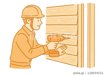 外壁をドライバーで固定する大工 建築 外壁をドライバーで固定する大工 建築 128034331