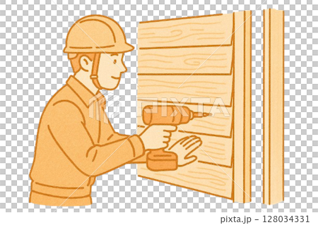 外壁をドライバーで固定する大工 建築 外壁をドライバーで固定する大工 建築 128034331