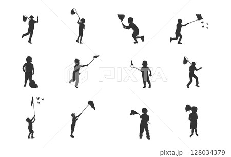 Boy catching butterfly svg, Little boy catching butterflies svg, Little boy catching butterflies silhouette, Child with butterfly net, Kids catching butterflies silhouette, Kids catching butterflies 128034379