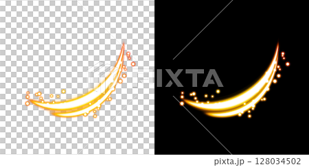 Orange luminous swoosh and spark particles (transparent + black background) 128034502
