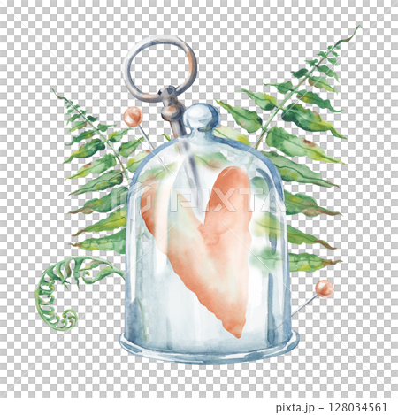 A composition with a heart under a glass case, green fern leaves, a rusty key and hand-drawn pins. Watercolor illustration for Halloween on a white background. Isolated. Witch stuff. Witchcraft 128034561