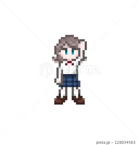 ドット絵の手をあげる女子学生:夏服 ドット絵の手をあげる女子学生:夏服 128034563