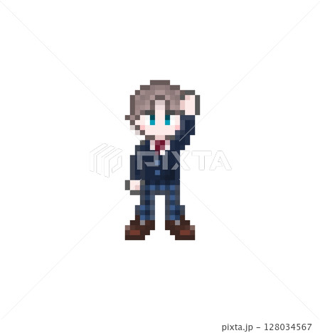 ドット絵の手をあげる男子学生：ブレザー 128034567