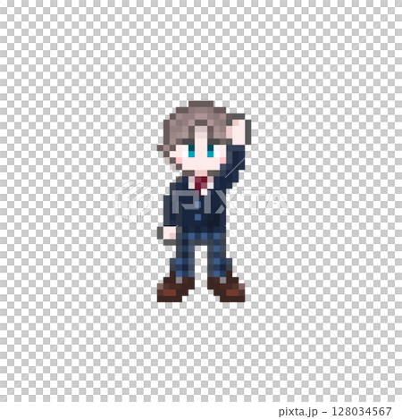 ドット絵の手をあげる男子学生：ブレザー 128034567