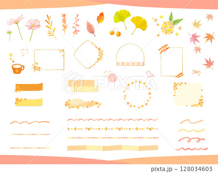 秋の可愛いイラストやあしらい、フレーム素材のセット 秋の可愛いイラストやあしらい、フレーム素材のセット 128034603