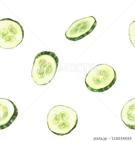 Watercolor cucumber slices seamless pattern. Fresh sliced vegetable, cut cucumber circles with seeds. Realistic painted food illustration for fabric, wallpaper, packing label. Isolated from background Watercolor cucumber slices seamless pattern. Fresh sliced vegetable, cut cucumber circles with seeds. Realistic painted food illustration for fabric, wallpaper, packing label. Isolated from background 128034693