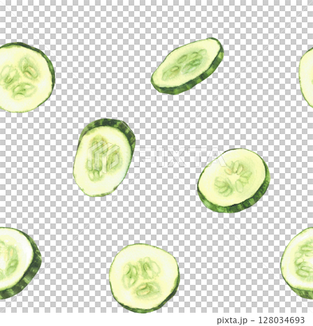 Watercolor cucumber slices seamless pattern. Fresh sliced vegetable, cut cucumber circles with seeds. Realistic painted food illustration for fabric, wallpaper, packing label. Isolated from background Watercolor cucumber slices seamless pattern. Fresh sliced vegetable, cut cucumber circles with seeds. Realistic painted food illustration for fabric, wallpaper, packing label. Isolated from background 128034693
