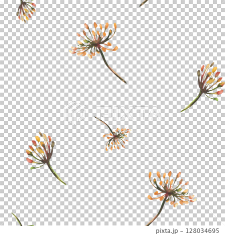 Dill or fennel seamless pattern. Watercolor hand drawn illustration. Branches of dried flowers, sprigs with seeds, inflorescence, umbrella. Clipart for floral fabric print isolated from background Dill or fennel seamless pattern. Watercolor hand drawn illustration. Branches of dried flowers, sprigs with seeds, inflorescence, umbrella. Clipart for floral fabric print isolated from background 128034695