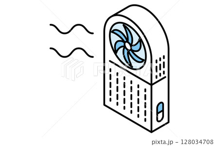 ハンディファンのシンプルな線画イラスト、夏のアイソメトリックイラスト 128034708