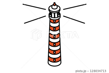灯台のシンプルな線画イラスト、夏のアイソメトリックイラスト 128034713