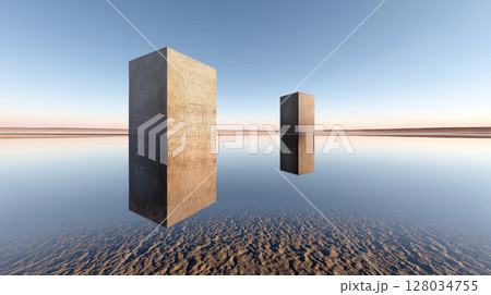 Two concrete monoliths reflecting on tranquil water at sunrise 128034755