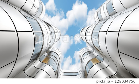 Futuristic architecture with curved metallic surfaces under blue sky and clouds 128034756
