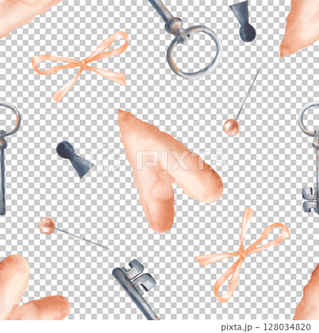 Seamless watercolor pattern with a heart, a rusty key, a keyhole, a bow and a sharp pin on a white background. The elements are hand-drawn. Isolated. Seamless background for scrapbooking, wallpaper Seamless watercolor pattern with a heart, a rusty key, a keyhole, a bow and a sharp pin on a white background. The elements are hand-drawn. Isolated. Seamless background for scrapbooking, wallpaper 128034820