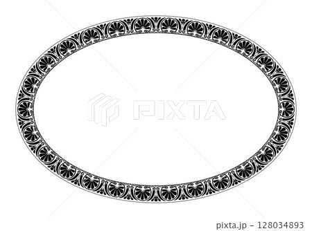Black and white oval floral frame in Ancient Greek style isolated on white background. Greek meander. Circular ornament. Patterns of Greece, ancient Rome. Vector Greek style. For textile, embroidery 128034893