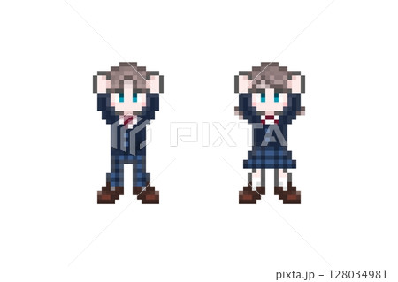 ドット絵のばんざいする男女学生:ブレザー ドット絵のばんざいする男女学生:ブレザー 128034981