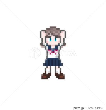 ドット絵のばんざいする女子学生:セーラー夏服 ドット絵のばんざいする女子学生:セーラー夏服 128034982