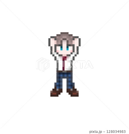 ドット絵のばんざいする男子学生:制服夏服 ドット絵のばんざいする男子学生:制服夏服 128034983