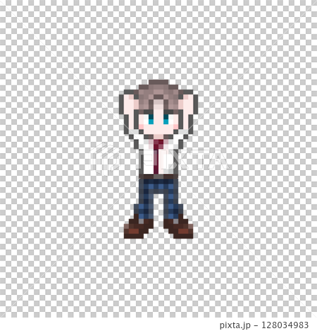 ドット絵のばんざいする男子学生:制服夏服 ドット絵のばんざいする男子学生:制服夏服 128034983