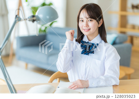 自宅で勉強をする女子高生 自宅で勉強をする女子高生 128035023