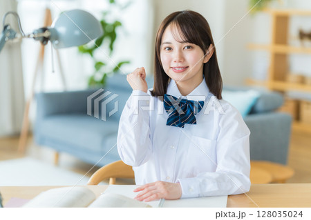 自宅で勉強をする女子高生 自宅で勉強をする女子高生 128035024