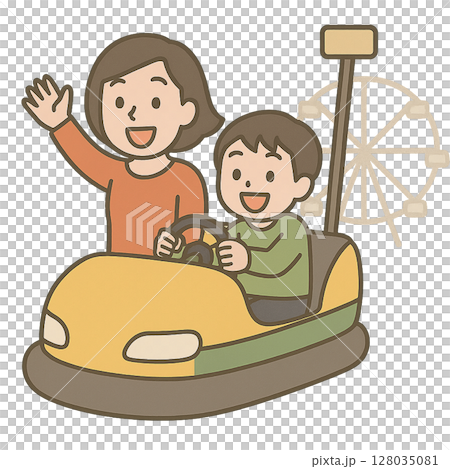 遊園地で楽しむ親子のイラスト 128035081