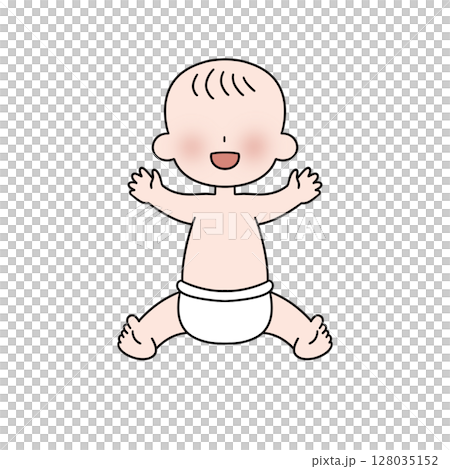 A cartoon baby is sitting on its bottom with its legs crossed 128035152