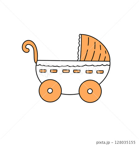 A baby stroller with a white and orange frame 128035155