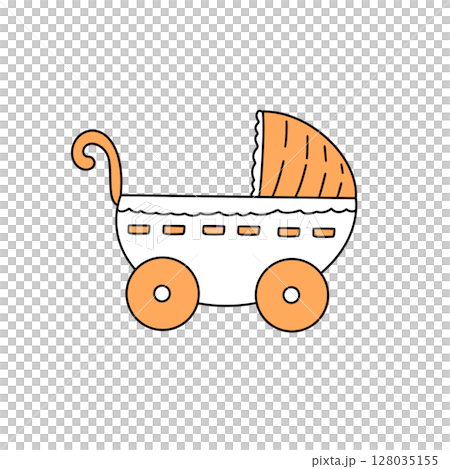 A baby stroller with a white and orange frame 128035155