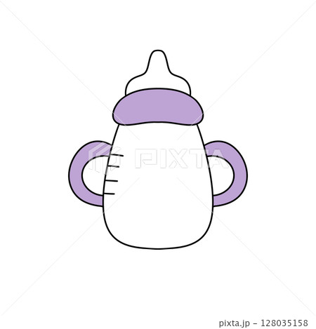 A baby bottle with a purple top 128035158
