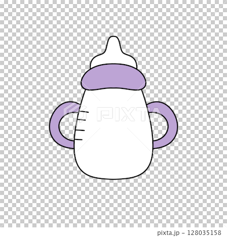 A baby bottle with a purple top 128035158