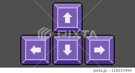 Pixel art keyboard arrow keys. Keyboard play keys vector icon for 8bit game on dark background  128035494