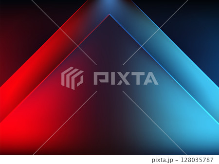 Technology Abstract Dark Background with Red and Blue Neon Triangles, Futuristic Light Glow, Geometric Digital Concept Design for Modern Innovation and Sci Fi Themes 128035787