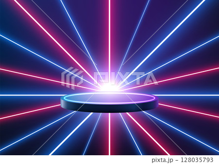 Neon Technology Podium with Purple Glow and Vibrant Light Rays in Dark Futuristic Background for Product Display, Mockup, Showcase, Presentation, Studio or Advertisement Design 128035793