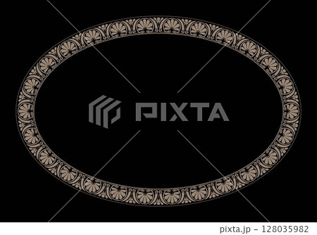 Gold oval frame with Greek ornament. Classic Greek floral meander. Patterns of Greece, ancient Rome. Round greek frame. Circle european border. For textile, engraving, embroidery, porcelain, ceramics. 128035982