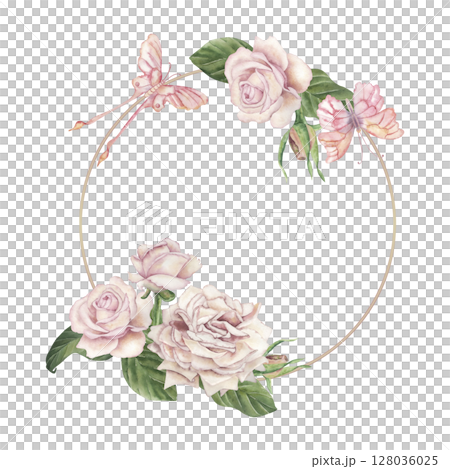 Round frame decorated with delicate pink roses and butterflies. The watercolor illustration is hand-drawn in a botanical style in a pastel color scheme. For wedding design, packaging, postcards 128036025